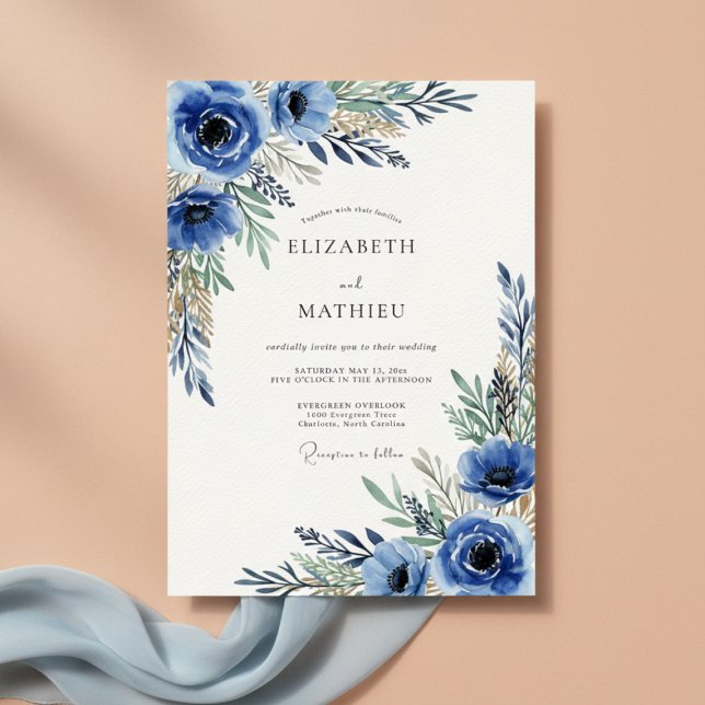 Invitación Boda Floral Azul Real Pintada (Subido por el creador)