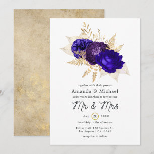 Invitación Boda floral azul real, púrpura y dorado