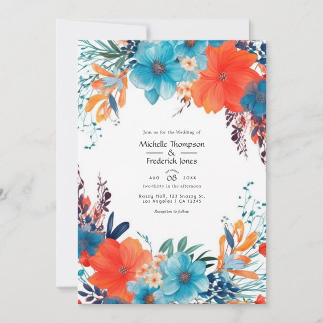 Invitación Boda floral azul real, turquesa y coral (Anverso)