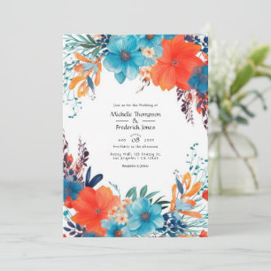 Invitación Boda floral azul real, turquesa y coral