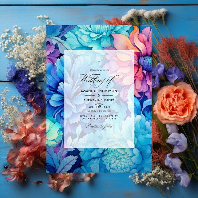 Invitación Boda floral azul real, turquesa y coral (Subido por el creador)
