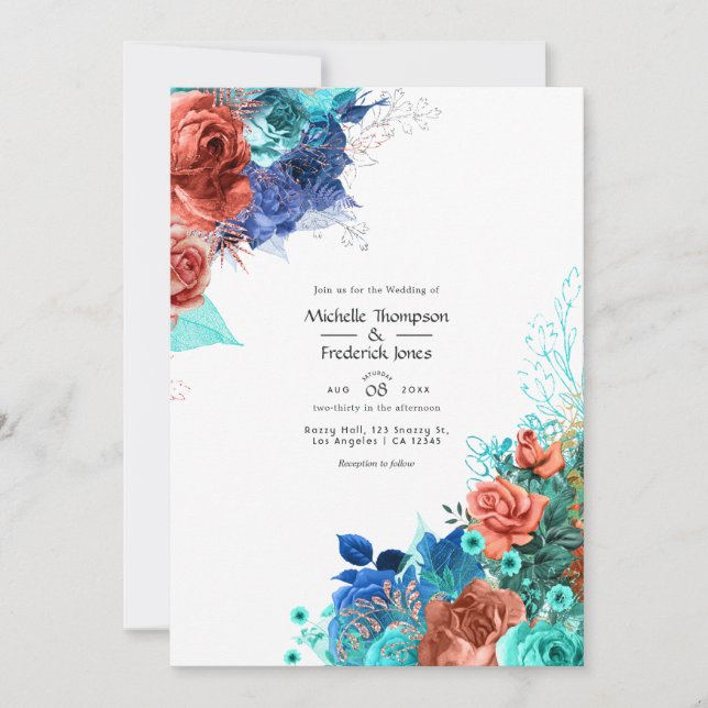 Invitación Boda floral azul real, turquesa y coral (Anverso)