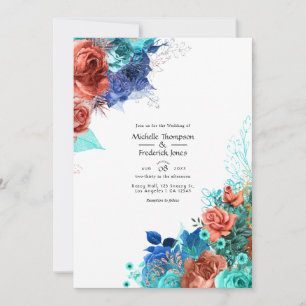 Invitación Boda floral azul real, turquesa y coral