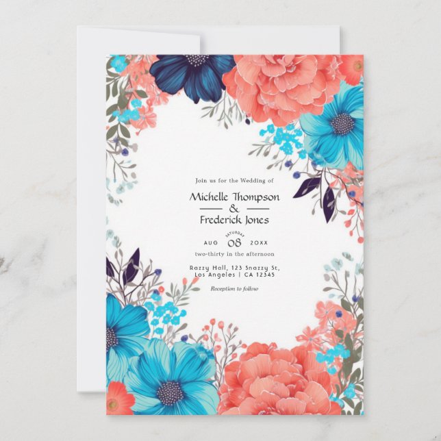 Invitación Boda floral azul real, turquesa y coral (Anverso)