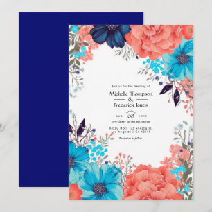 Invitación Boda floral azul real, turquesa y coral