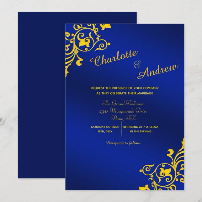 Invitación Boda floral azul real y amarillo dorado (Anverso / Reverso)
