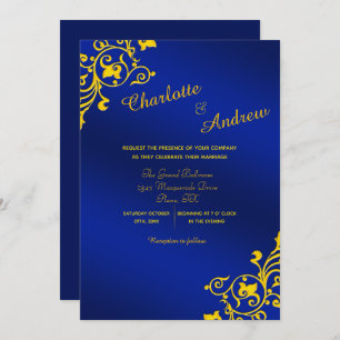 Invitación Boda floral azul real y amarillo dorado