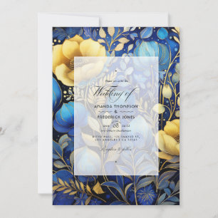 Invitación Boda floral azul real y dorado
