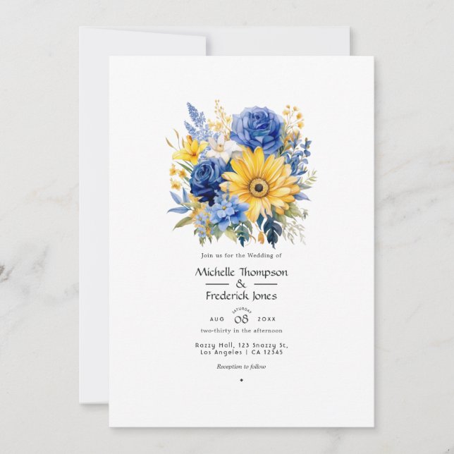 Invitación Boda floral azul real y dorado (Anverso)