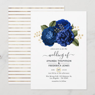 Invitación Boda floral azul real y dorado con lámina de imita
