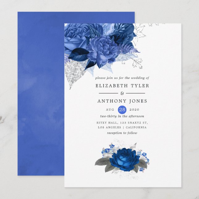 Invitación Boda floral azul real y plata (Anverso / Reverso)
