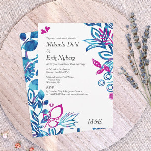 Invitación Boda floral azul real y rosa