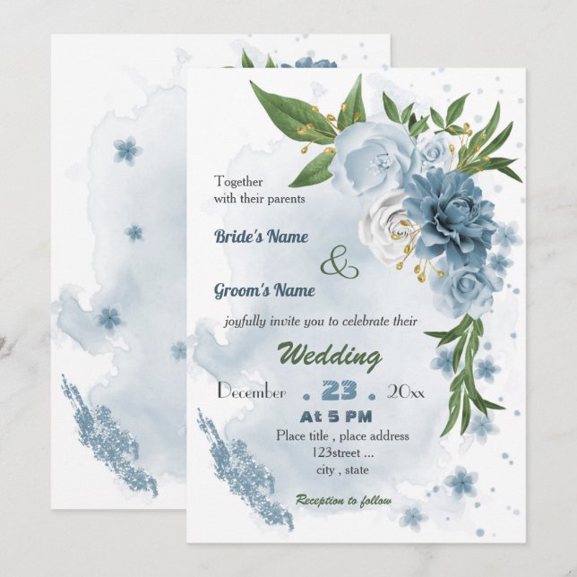 Invitación boda floral azul romántico (Anverso / Reverso)