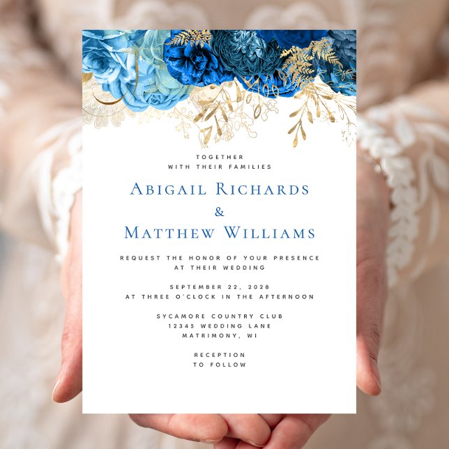 Invitación Boda floral azul romántico oro (Subido por el creador)