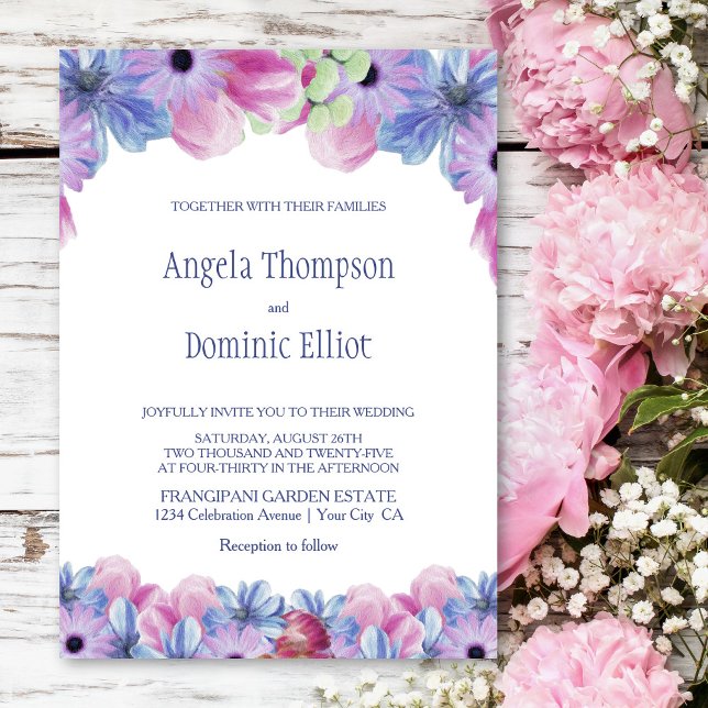 Invitación Boda floral azul rosa (Subido por el creador)