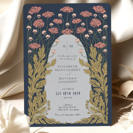 Invitación Boda floral azul rosa azul marino Art Nouveau