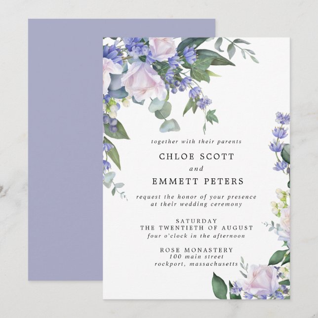 Invitación Boda Floral Azul Rosa Blanca (Anverso / Reverso)