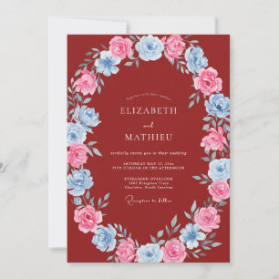Invitación Boda floral azul rosa carmesí