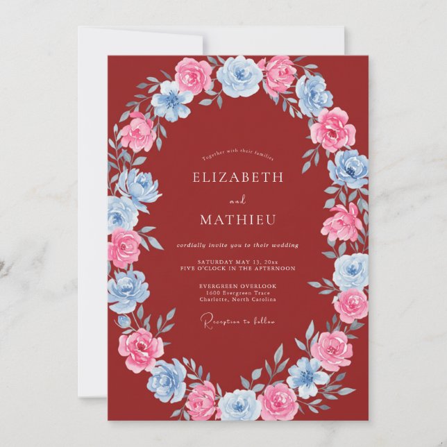 Invitación Boda floral azul rosa carmesí (Anverso)