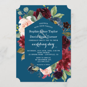 Invitación Boda floral azul rosa color de agua borgoña