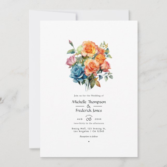 Invitación Boda floral azul, rosa, naranja y verde (Anverso)