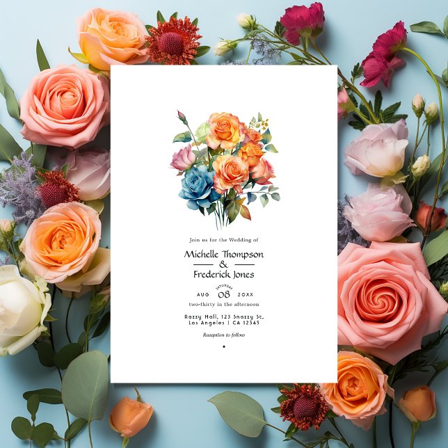 Invitación Boda floral azul, rosa, Naranja y verde (Subido por el creador)
