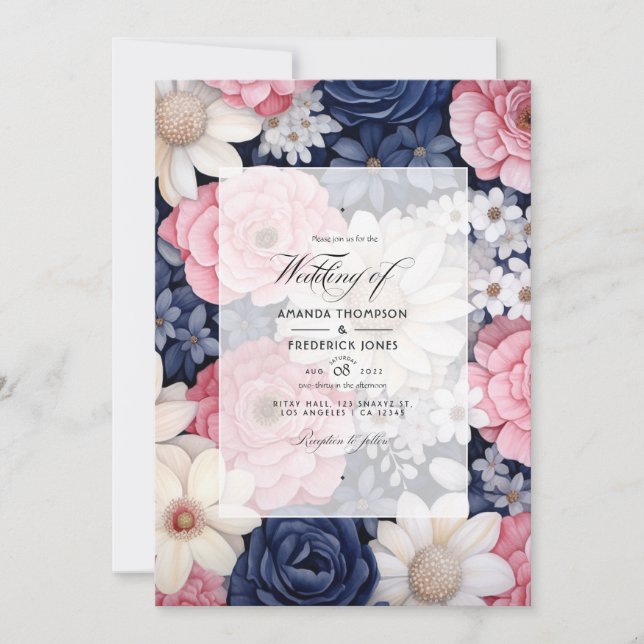 Invitación Boda floral azul Rubor, blanco y naval (Anverso)