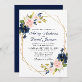 Invitación Boda floral azul Rubor rosa geométrico