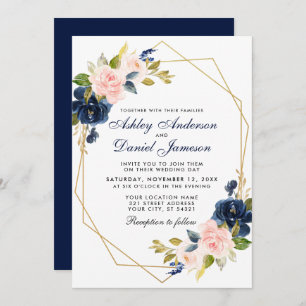 Invitación Boda floral azul Rubor rosa geométrico