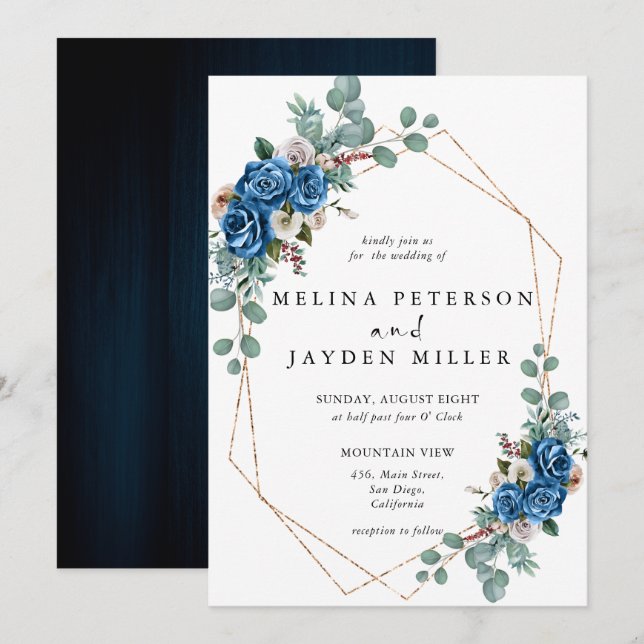 Invitación Boda floral azul Rubor rosado con polvo (Anverso / Reverso)