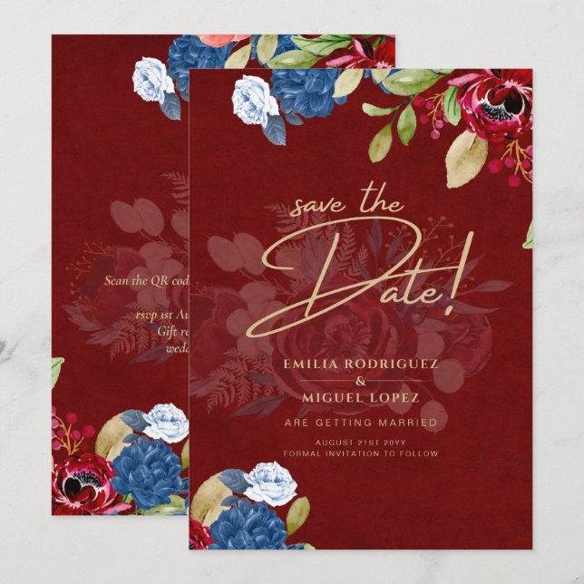 Invitación Boda floral azul ruidosa de Borgoña AHORRA LA FECH (Anverso / Reverso)