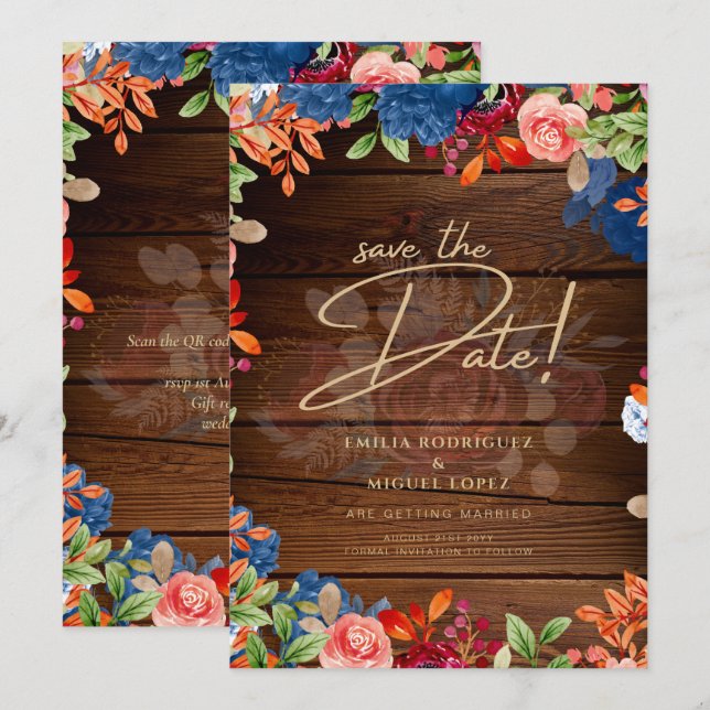 Invitación Boda floral azul ruidosa de Borgoña AHORRA LA FECH (Anverso / Reverso)