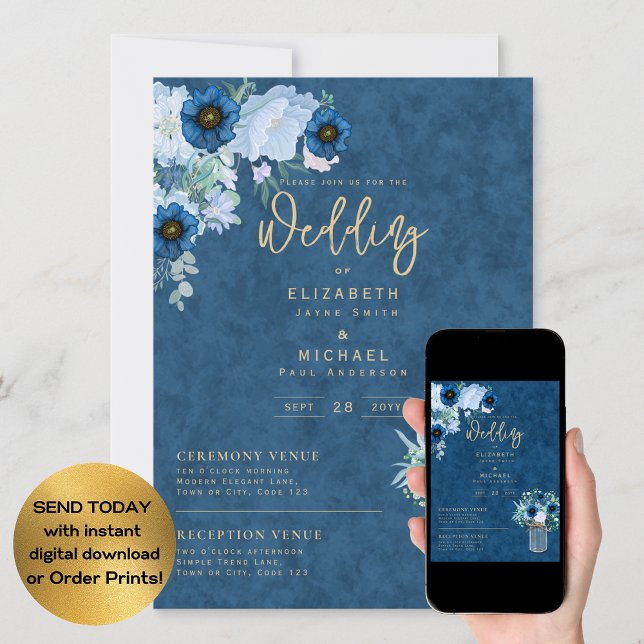 Invitación Boda floral azul ruso digital instantáneo (Subido por el creador)