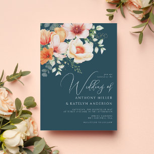 Invitación Boda floral azul teal coral melocotón rubor otoño