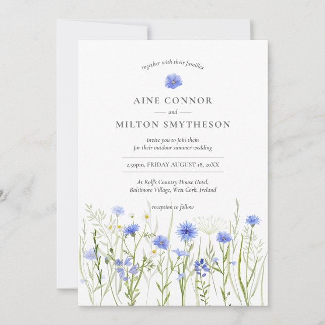 Invitación Boda floral azul, temática floral de verano | (Anverso)
