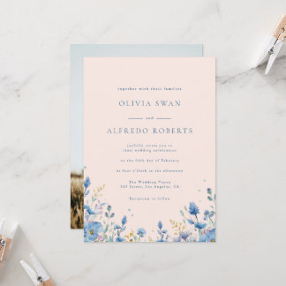 Invitación Boda floral azul terracota moderna con foto