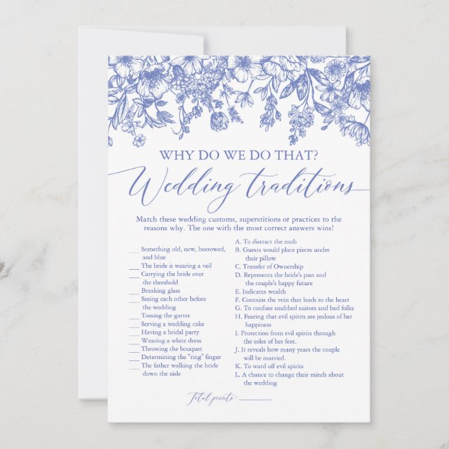 Invitación Boda Floral Azul Tradiciones juego de ducha de nov (Anverso)