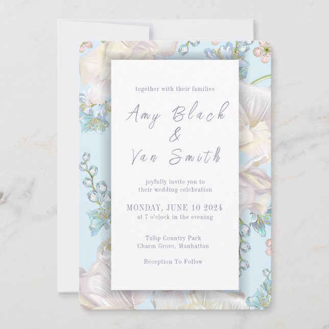 Invitación Boda Floral Azul Tulip (Anverso)