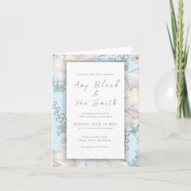 Invitación Boda Floral Azul Tulip (Anverso)