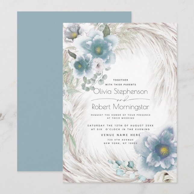 Invitación Boda | Floral azul turbia (Anverso / Reverso)