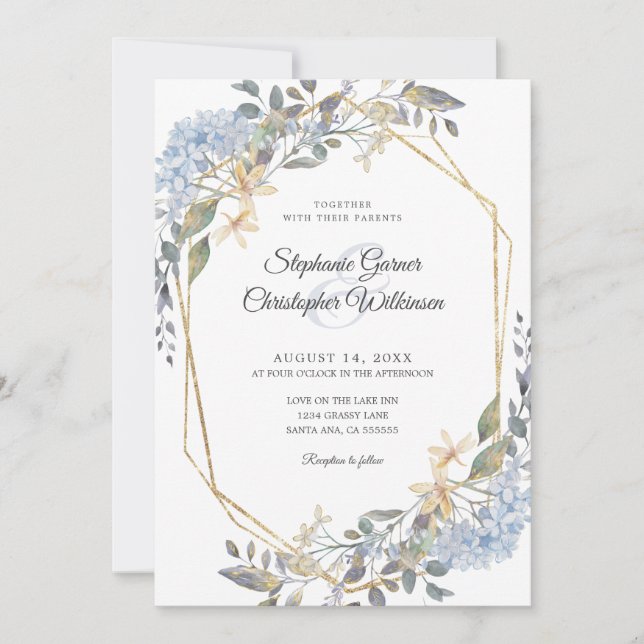 Invitación Boda floral azul turbio de oro geométrico (Anverso)
