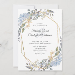 Invitación Boda floral azul turbio de oro geométrico