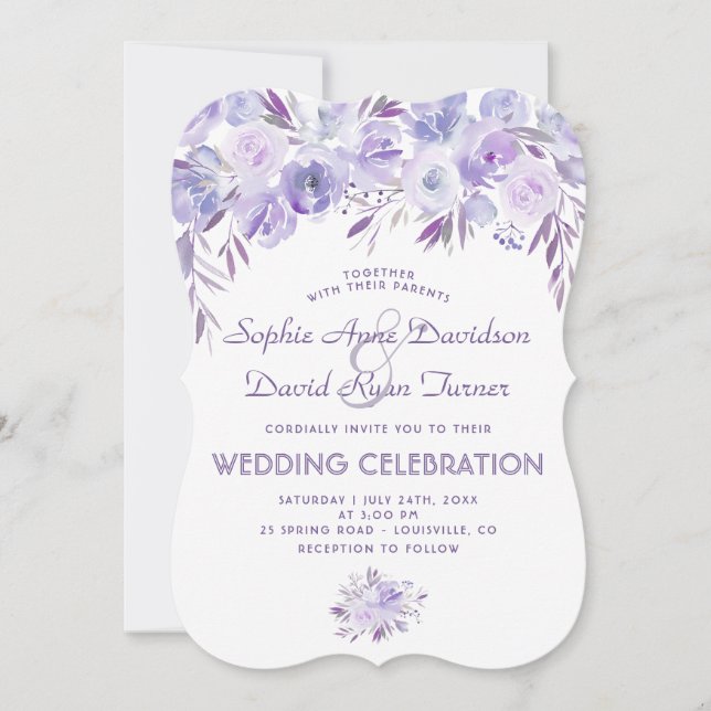 Invitación Boda floral azul turbio morado claro (Anverso)