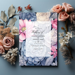 Invitación Boda floral azul turbio, rosa Rubor y plateado