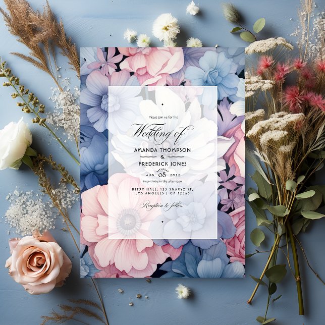 Invitación Boda floral azul turbio, rosa Rubor y plateado (Subido por el creador)