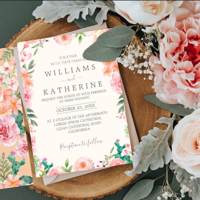Invitación Boda floral azul turbio rosa y rosa Rubor (Subido por el creador)
