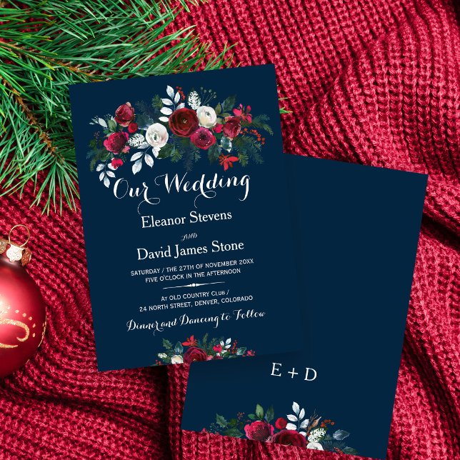 Invitación Boda floral azul turbulento azul marino de inviern (Subido por el creador)