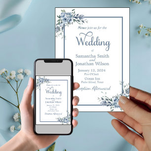 Invitación Boda floral azul turbulento moderno