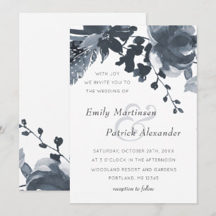 Invitación Boda floral azul turbulento romántico