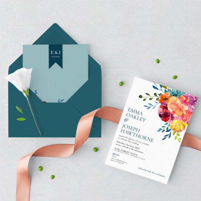 Invitación Boda floral azul turquesa brillante verano I (Subido por el creador)